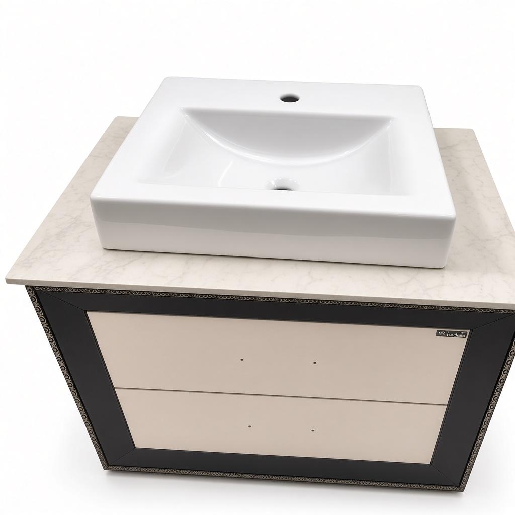 Bhub Charcoal & Cream Bathroom Vanity Unit 800x500mm with Rectangular Vessel Basin and Two-Drawer Storage Single-Lever Bathroom with — Pieces